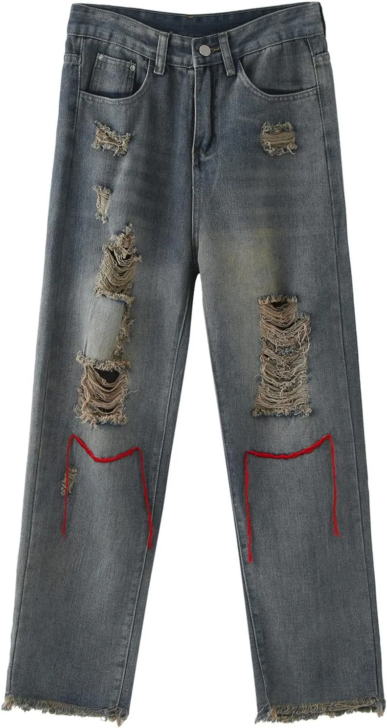 Baggy Ripped Jeans for Men Y2k Mid Rise Distressed Wide Leg Jeans Destroyed Hip Hop Skater Denim Pants Streetwear