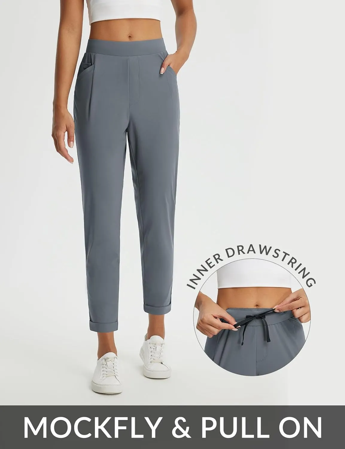 baleaf Womens Travel Pants Stretch with Zipper Pockets Petite Ankle Dressy Work Business Casual Golf Slacks