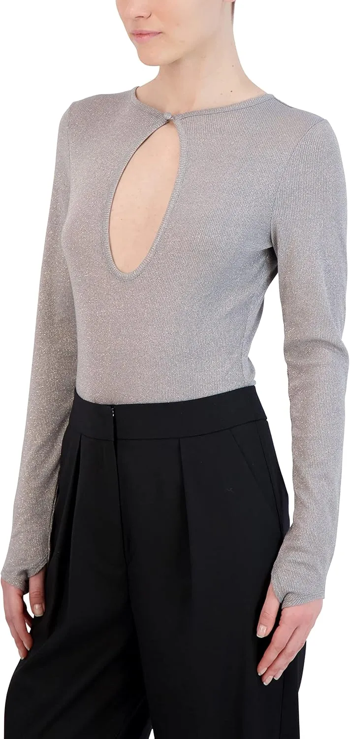 BCBGMAXAZRIA womens Long Sleeve Bodysuit Fitted Keyhole Bodycon Crew Neck One PieceBodysuit