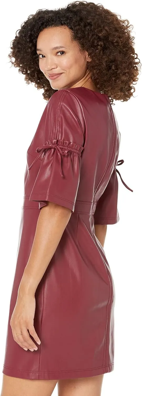 BCBGMAXAZRIA Women's Mini Elbow Sleeve Ruffle Tie Round Neck Bodycon Dresses