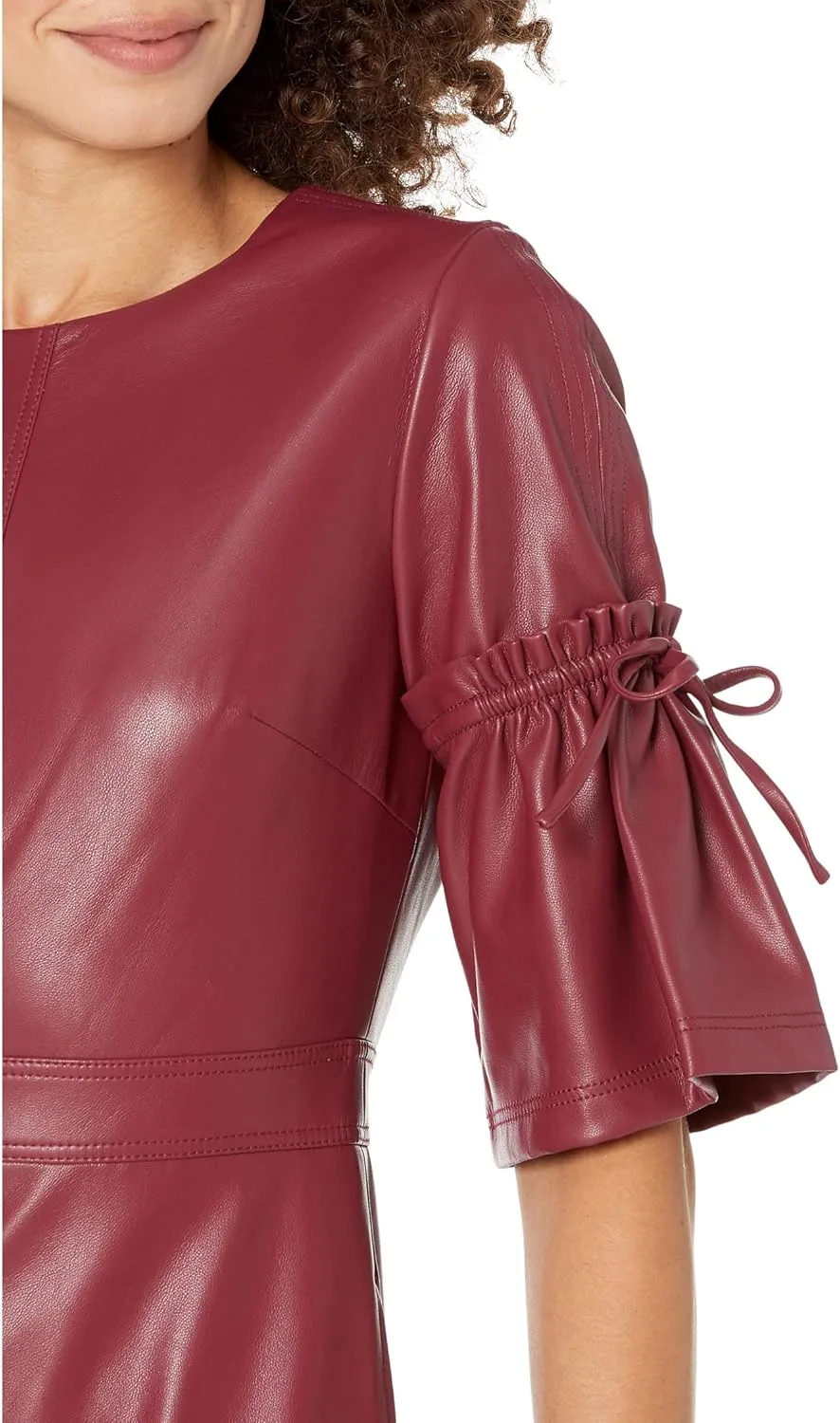 BCBGMAXAZRIA Women's Mini Elbow Sleeve Ruffle Tie Round Neck Bodycon Dresses