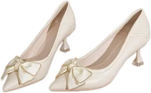 Beige Bow High Heels French Pointed Temperament Bride Bridesmaid Single Shoes 6cm