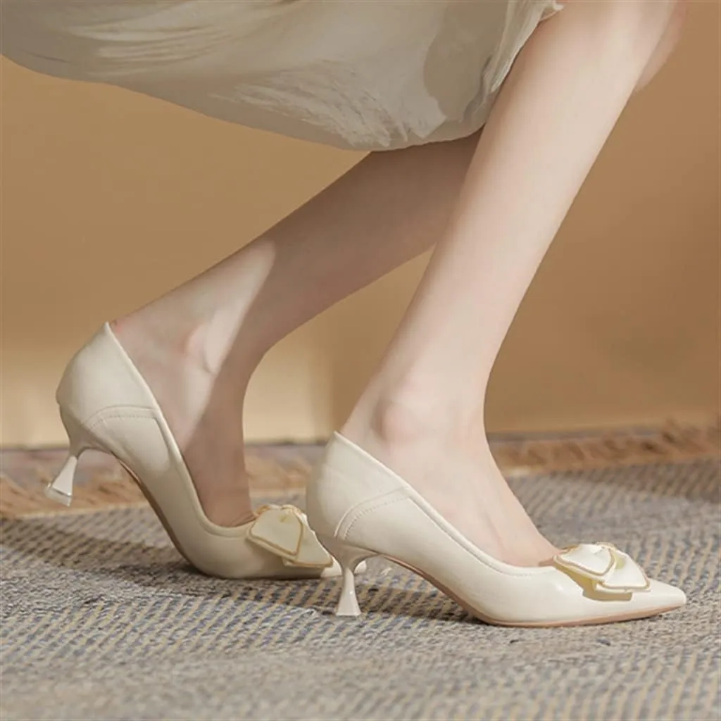 Beige Bow High Heels French Pointed Temperament Bride Bridesmaid Single Shoes 6cm