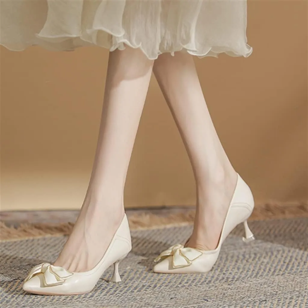 Beige Bow High Heels French Pointed Temperament Bride Bridesmaid Single Shoes 6cm