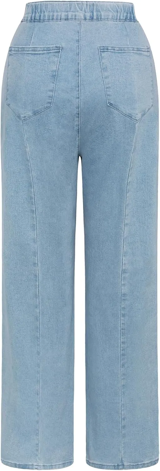 Belle Poque Women's High Waisted Wide Leg Jeans Button Decorated Casual Stretchy Demin Pants with Pockets