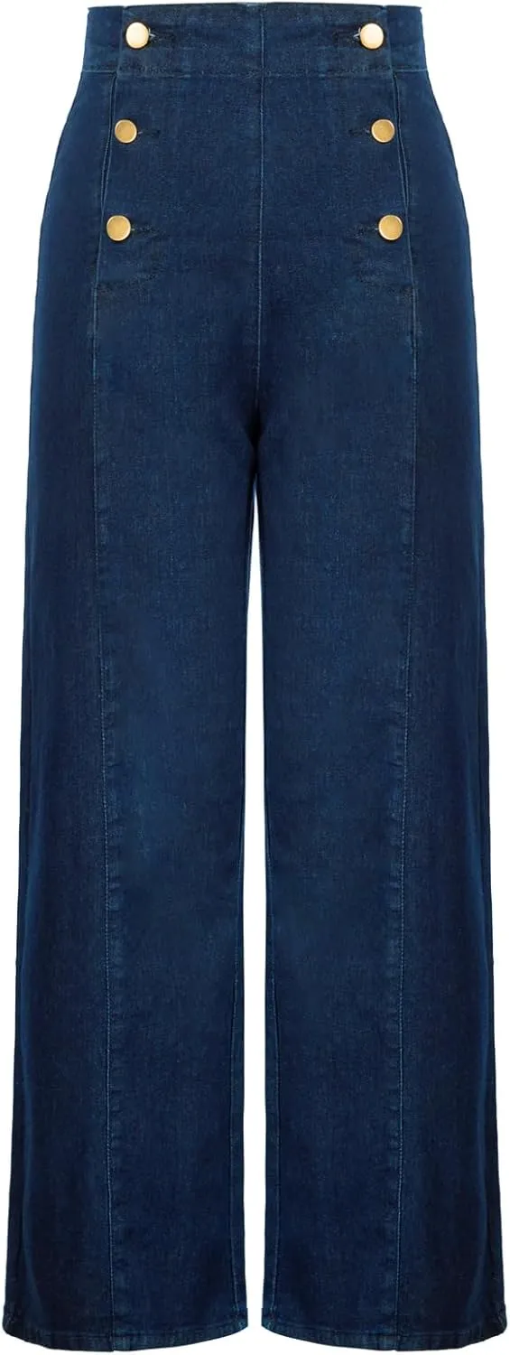 Belle Poque Women's High Waisted Wide Leg Jeans Button Decorated Casual Stretchy Demin Pants with Pockets