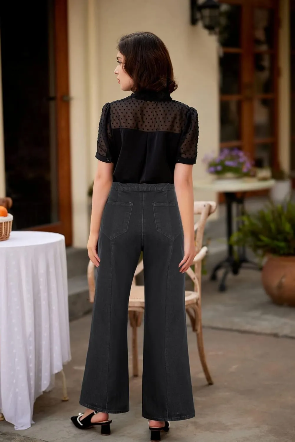 Belle Poque Women's High Waisted Wide Leg Jeans Button Decorated Casual Stretchy Demin Pants with Pockets