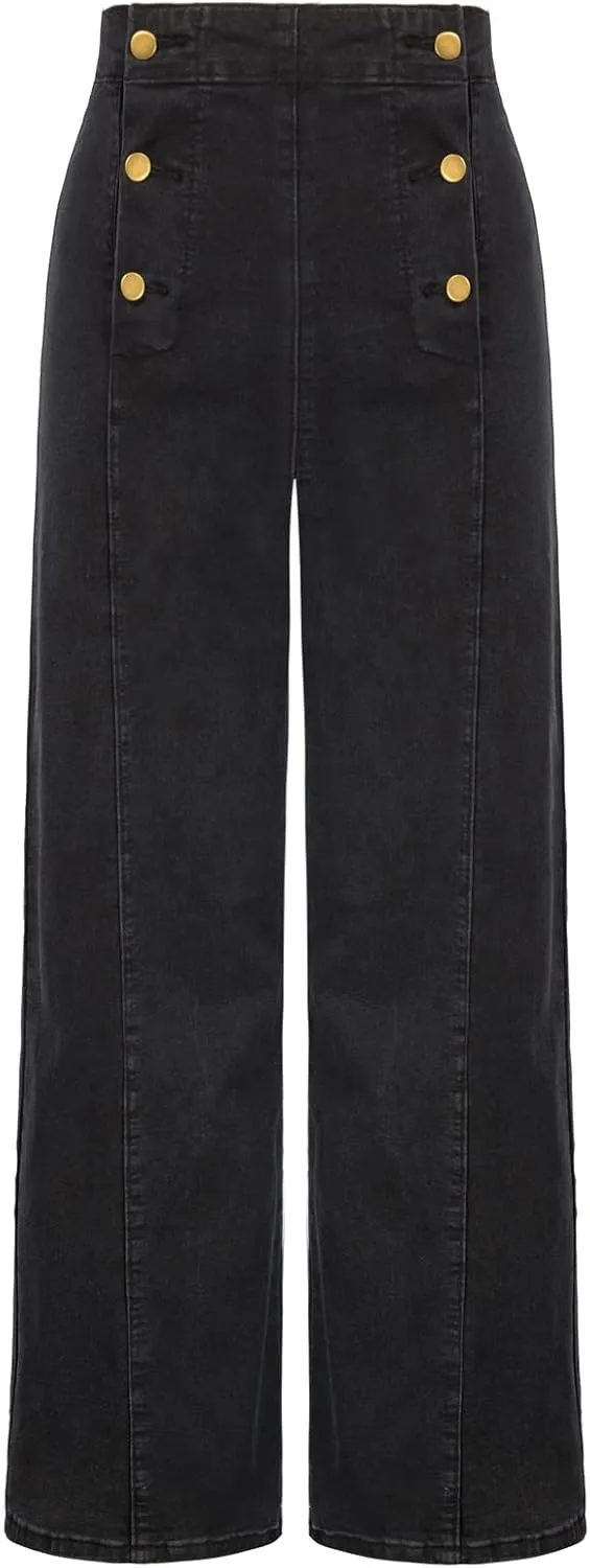 Belle Poque Women's High Waisted Wide Leg Jeans Button Decorated Casual Stretchy Demin Pants with Pockets
