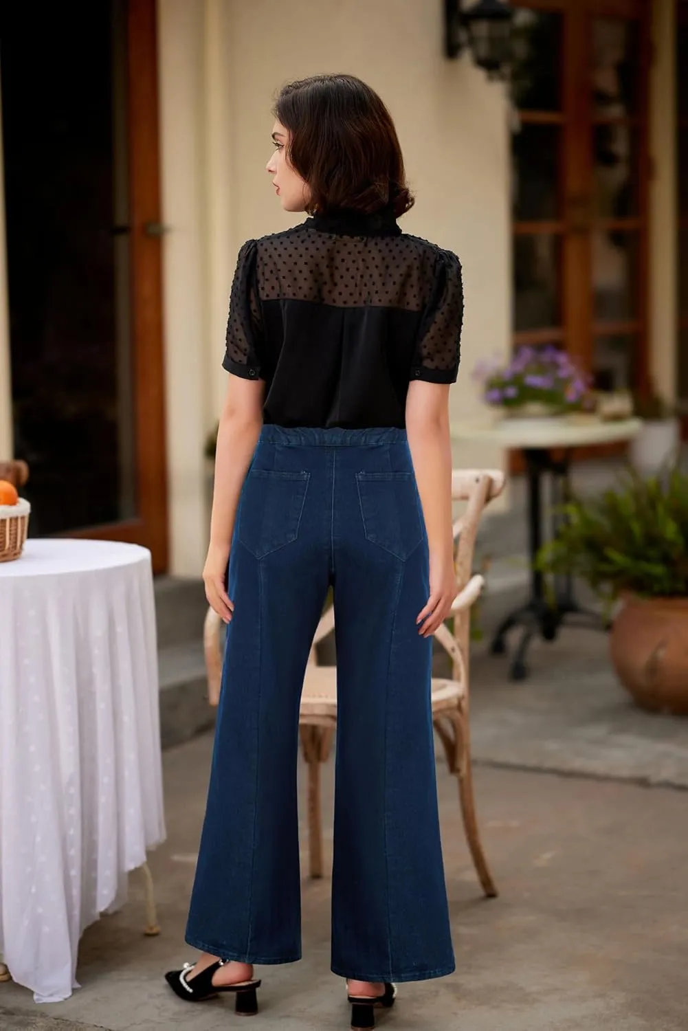 Belle Poque Women's High Waisted Wide Leg Jeans Button Decorated Casual Stretchy Demin Pants with Pockets
