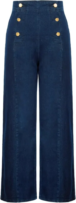 Belle Poque Women's High Waisted Wide Leg Jeans Button Decorated Casual Stretchy Demin Pants with Pockets