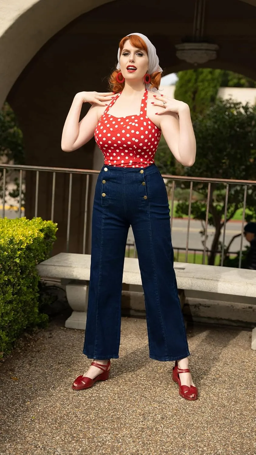 Belle Poque Women's High Waisted Wide Leg Jeans Button Decorated Casual Stretchy Demin Pants with Pockets
