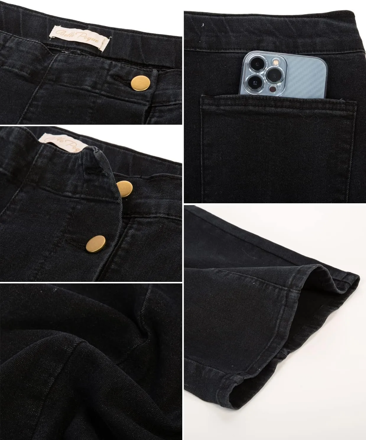 Belle Poque Women's High Waisted Wide Leg Jeans Button Decorated Casual Stretchy Demin Pants with Pockets