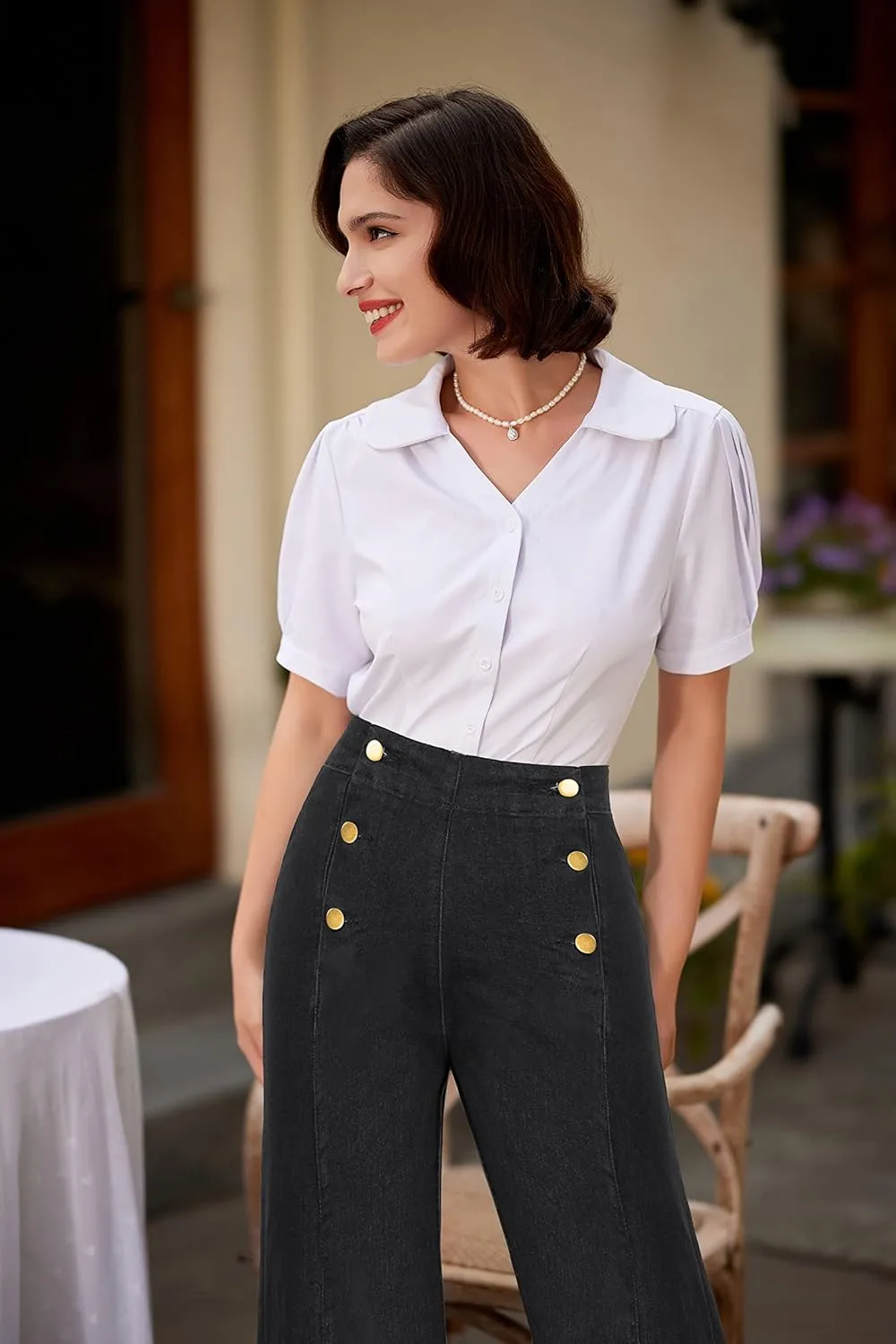 Belle Poque Women's High Waisted Wide Leg Jeans Button Decorated Casual Stretchy Demin Pants with Pockets