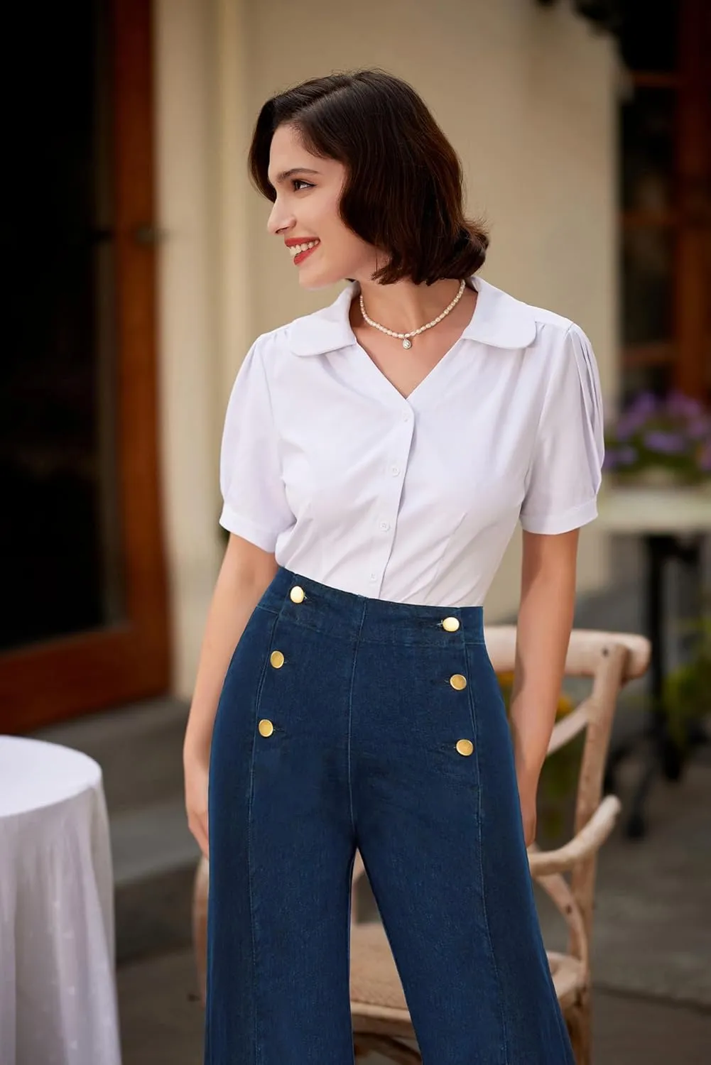 Belle Poque Women's High Waisted Wide Leg Jeans Button Decorated Casual Stretchy Demin Pants with Pockets