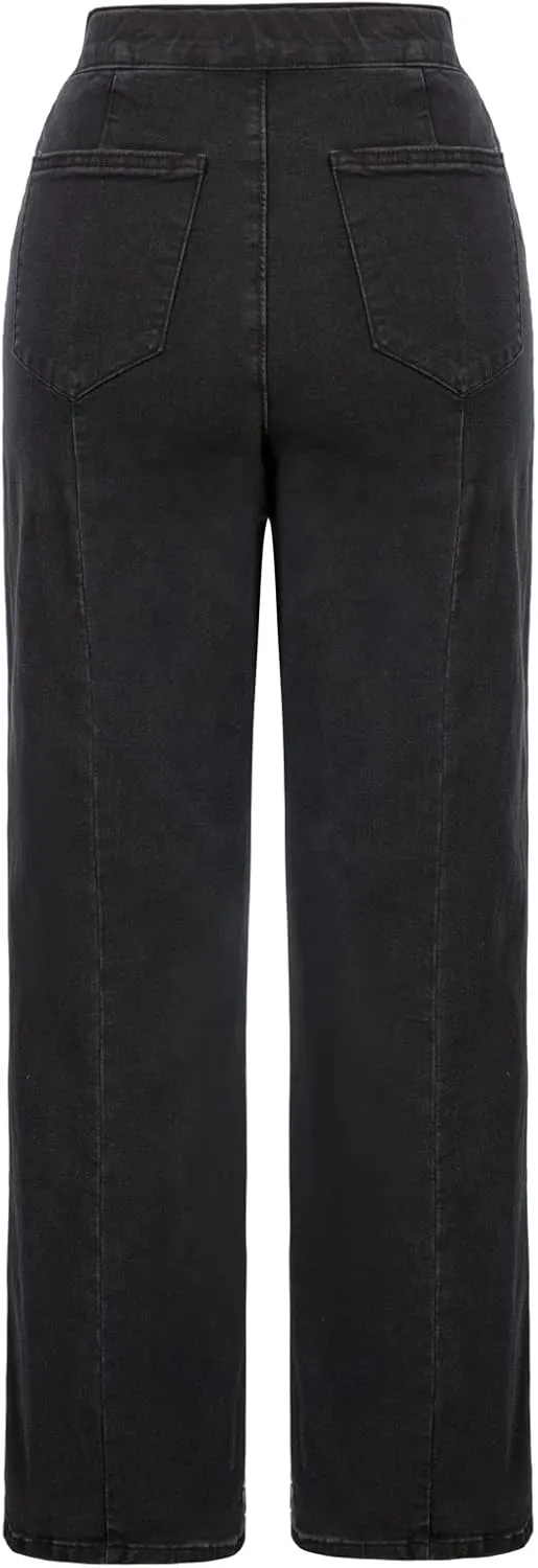 Belle Poque Women's High Waisted Wide Leg Jeans Button Decorated Casual Stretchy Demin Pants with Pockets