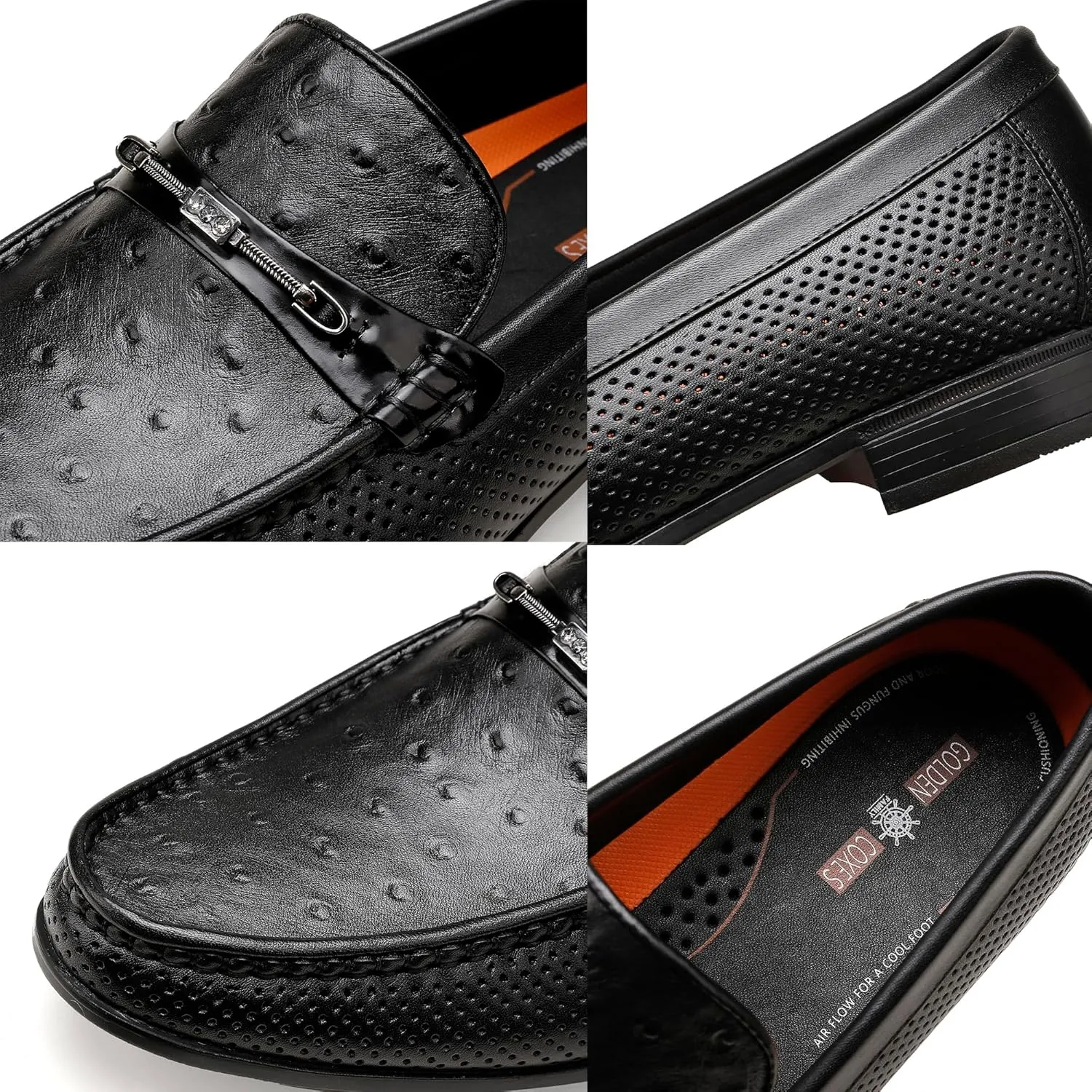Black Men's Leather Dress Shoes, Casual Ostrich Print Slip on Loafer Moc Toe Metal Buckle Penny Formal Shoes for Mens