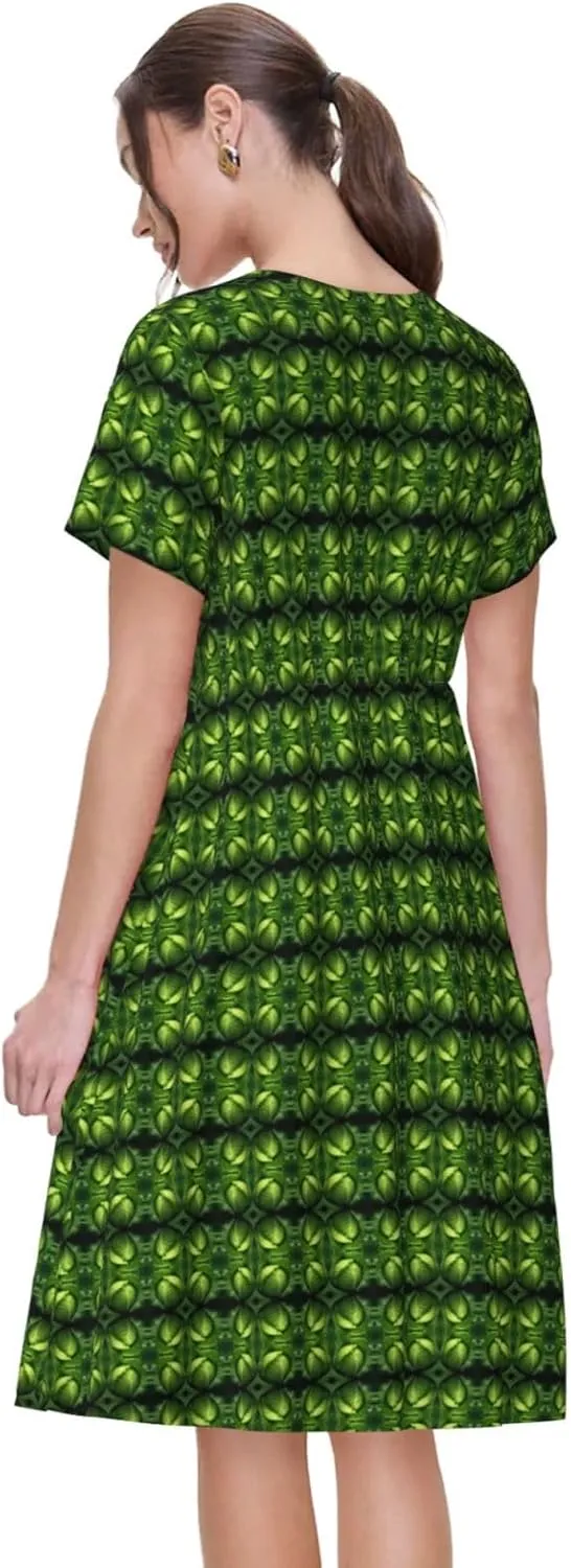 Bright Cabbage Print Womens Summer Dresses Casual T Shirt Skirt Beach Short Sleeve Pockets Sun Dresses