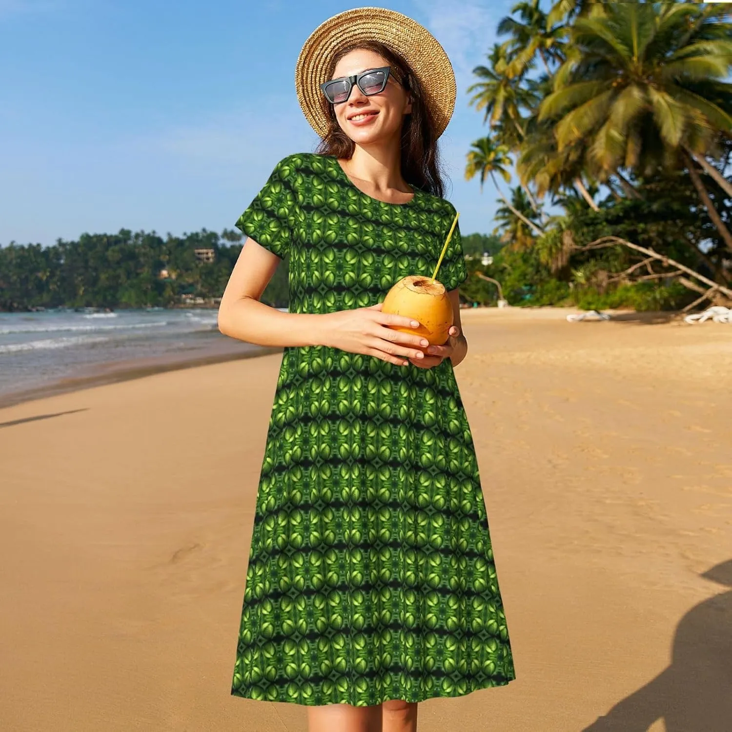 Bright Cabbage Print Womens Summer Dresses Casual T Shirt Skirt Beach Short Sleeve Pockets Sun Dresses