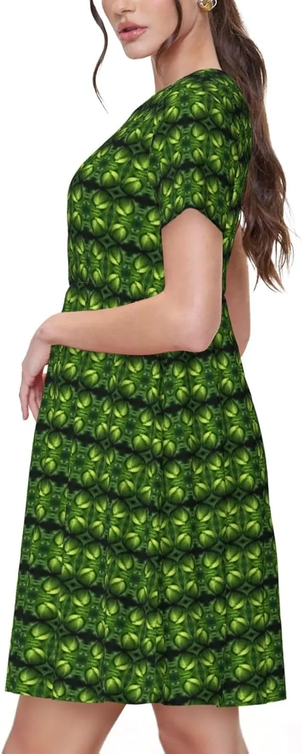 Bright Cabbage Print Womens Summer Dresses Casual T Shirt Skirt Beach Short Sleeve Pockets Sun Dresses