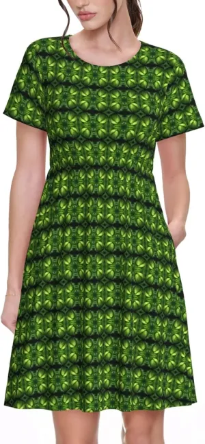 Bright Cabbage Print Womens Summer Dresses Casual T Shirt Skirt Beach Short Sleeve Pockets Sun Dresses