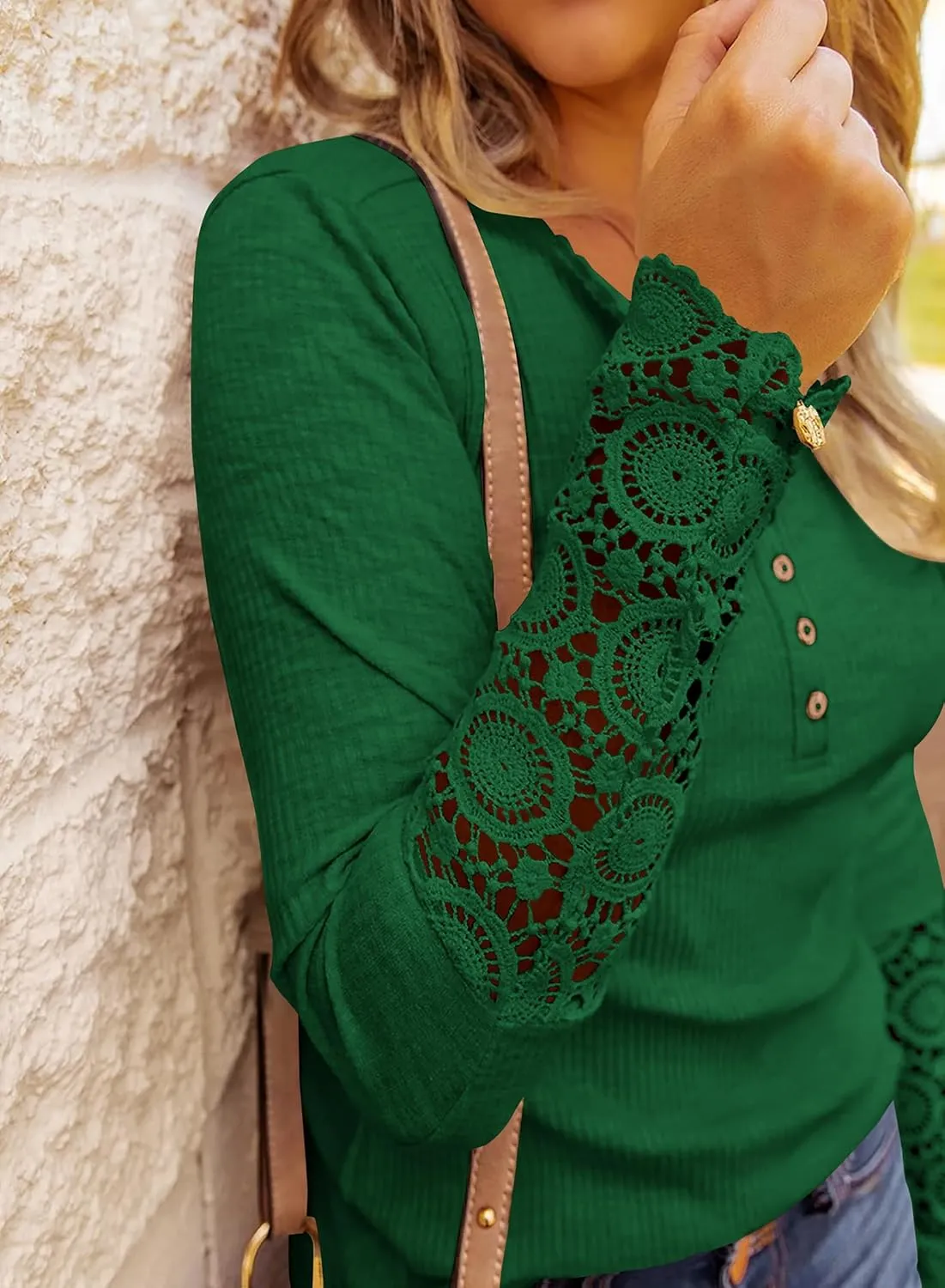 BTFBM Women Long Sleeve Shirts Solid Button V Neck Lace Sleeves Slim Fit Casual Fall Shirts 2025