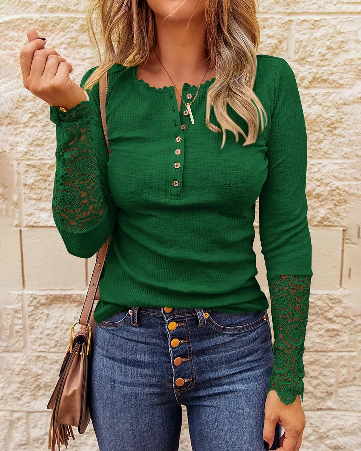 BTFBM Women Long Sleeve Shirts Solid Button V Neck Lace Sleeves Slim Fit Casual Fall Shirts 2025