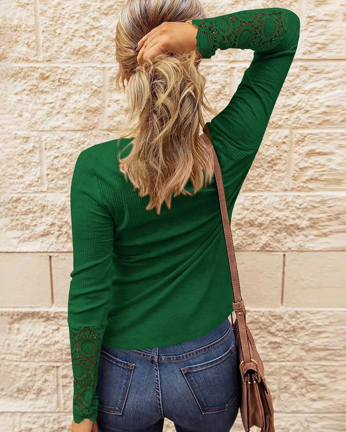 BTFBM Women Long Sleeve Shirts Solid Button V Neck Lace Sleeves Slim Fit Casual Fall Shirts 2025