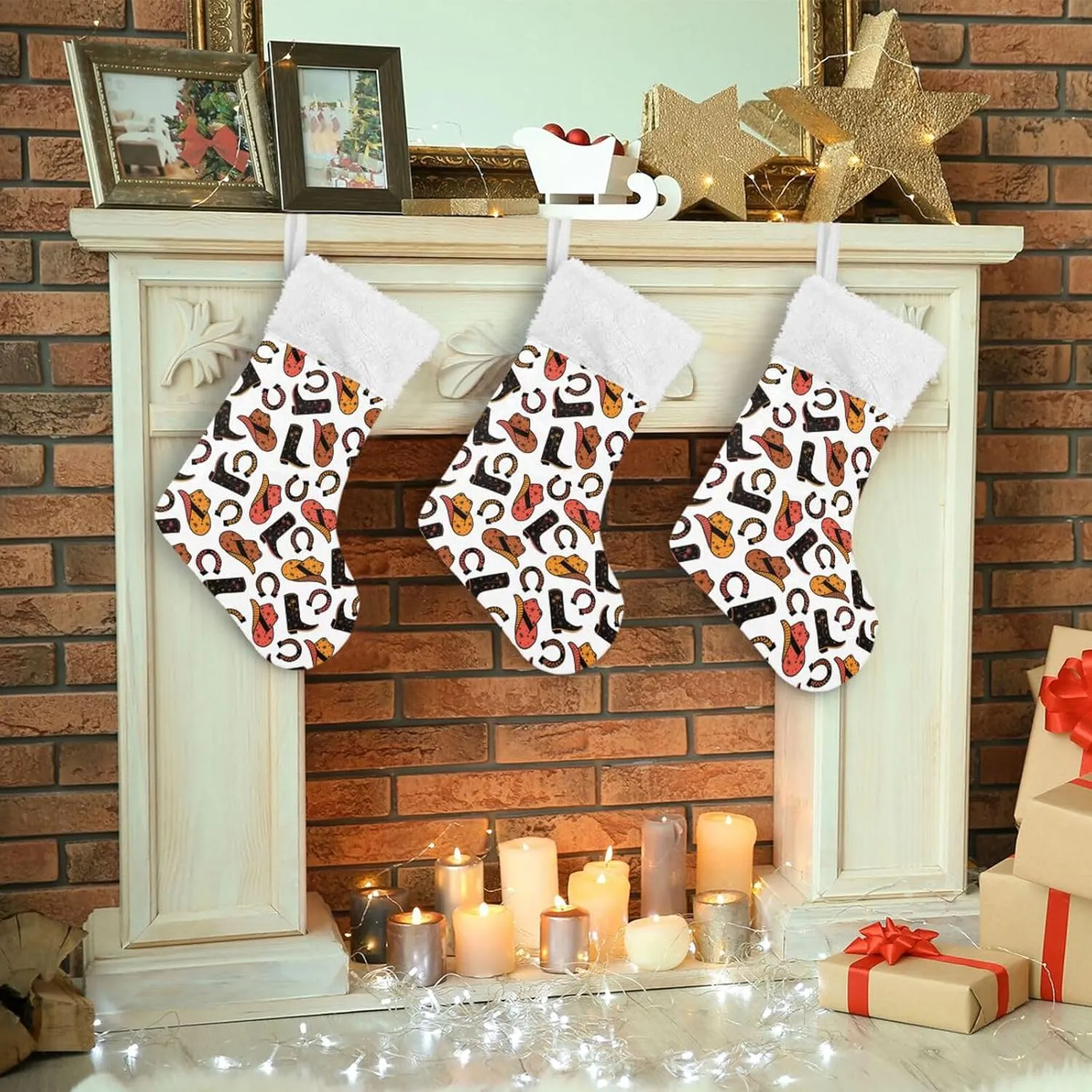 Caikeny Christmas Stockings Cowboy Horse Christmas Presonalized Large Stocking Sock Set of 2 Boots Horseshoe Candy Bag Xmas Party Decor Family Holiday Gift 18 in