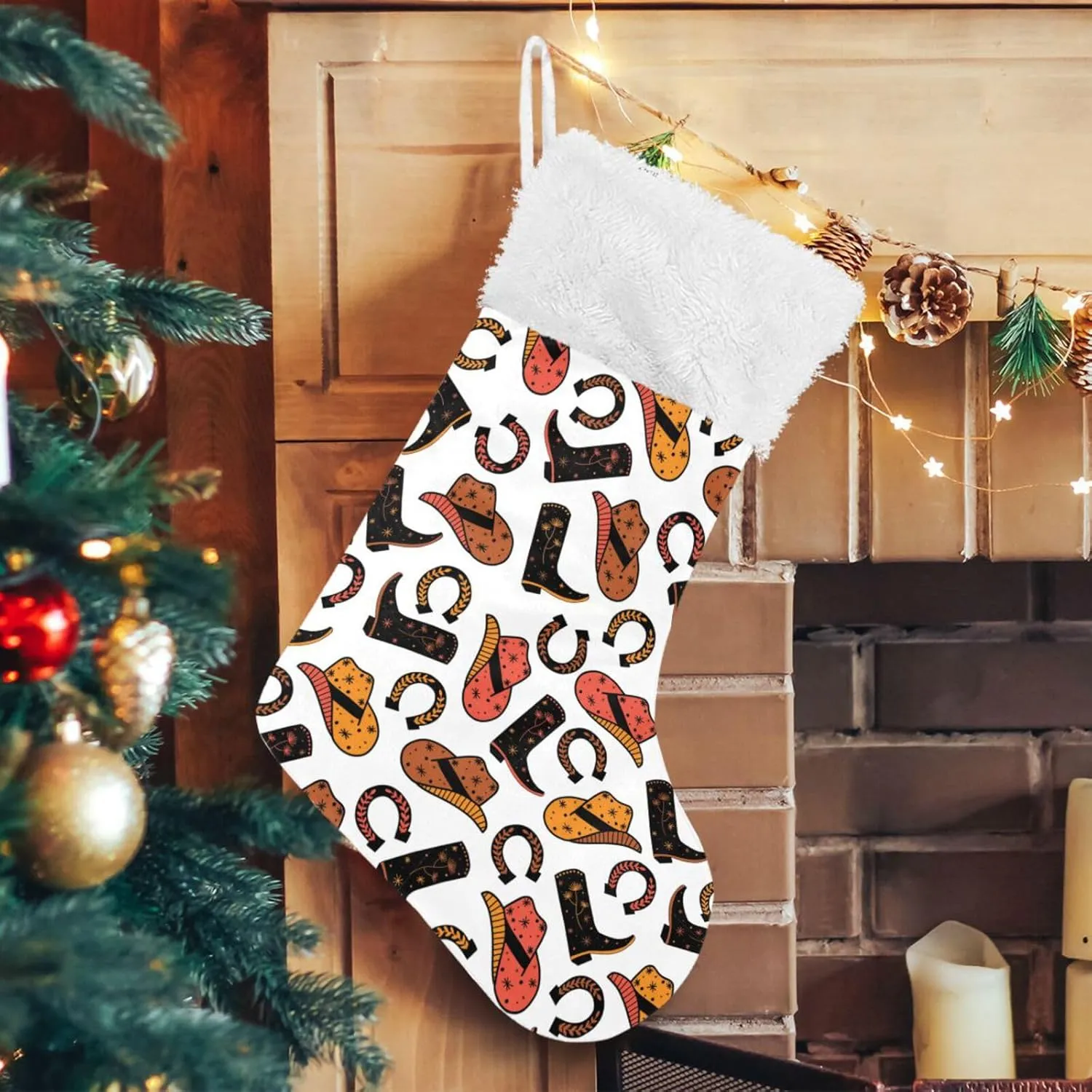 Caikeny Christmas Stockings Cowboy Horse Christmas Presonalized Large Stocking Sock Set of 2 Boots Horseshoe Candy Bag Xmas Party Decor Family Holiday Gift 18 in
