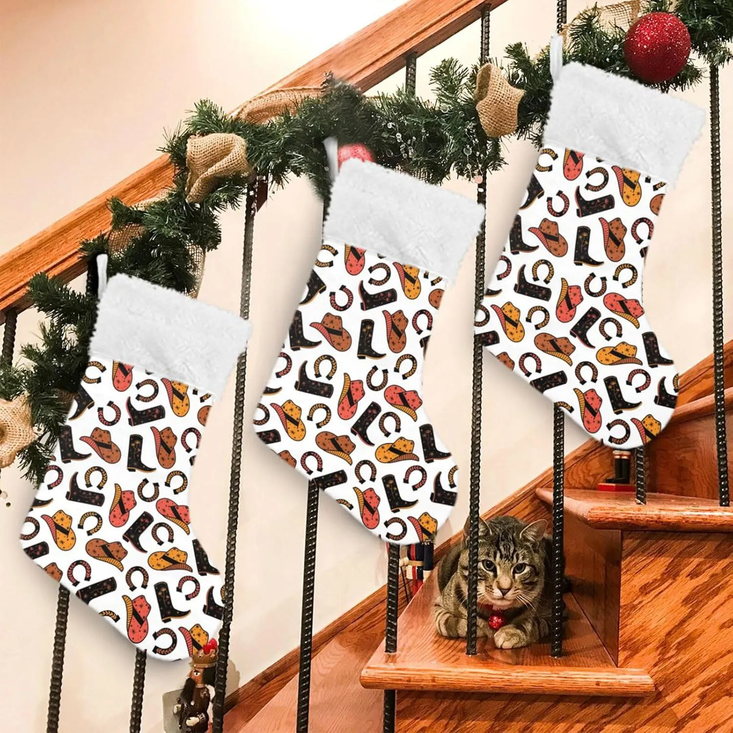 Caikeny Christmas Stockings Cowboy Horse Christmas Presonalized Large Stocking Sock Set of 2 Boots Horseshoe Candy Bag Xmas Party Decor Family Holiday Gift 18 in