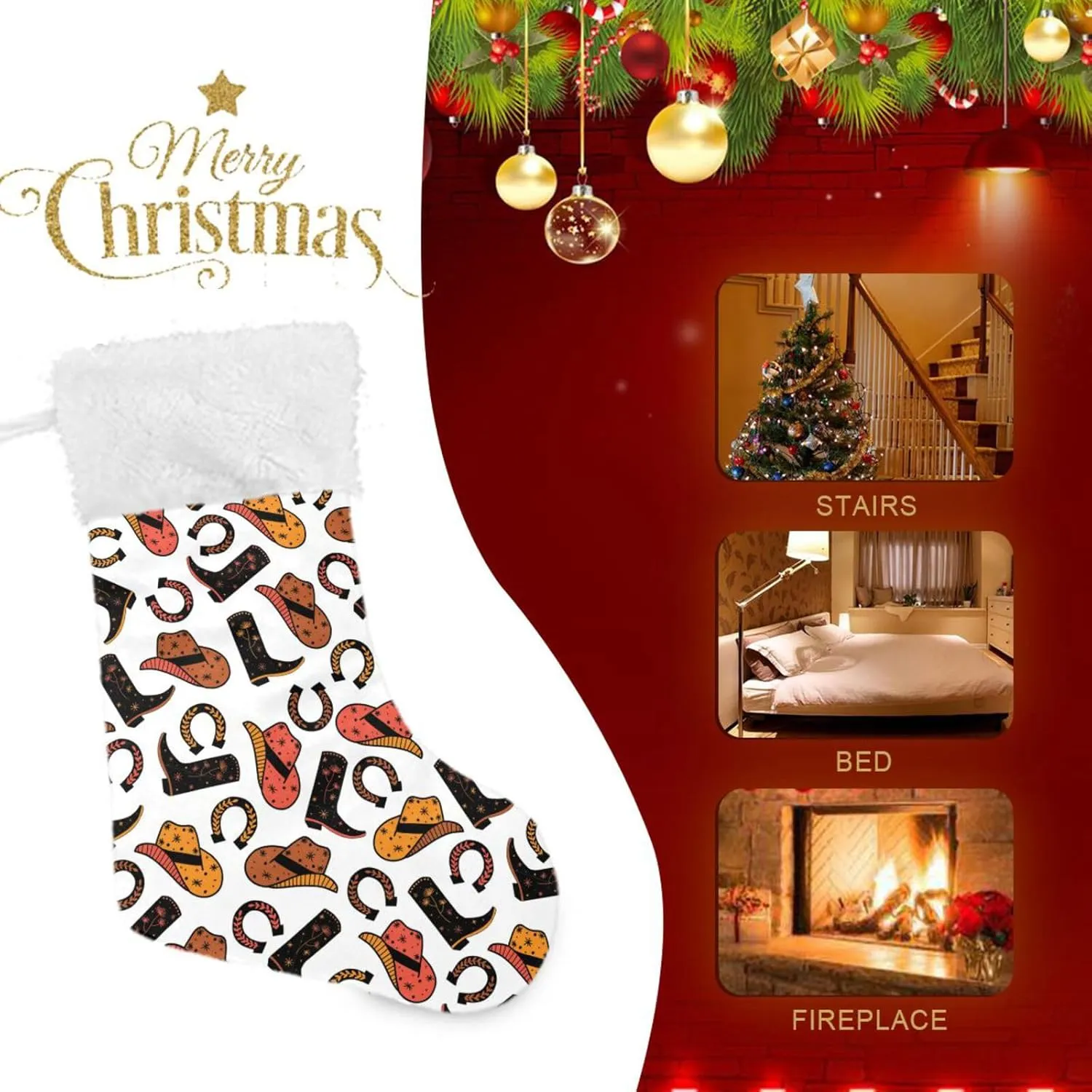 Caikeny Christmas Stockings Cowboy Horse Christmas Presonalized Large Stocking Sock Set of 2 Boots Horseshoe Candy Bag Xmas Party Decor Family Holiday Gift 18 in