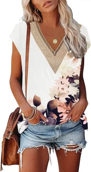 Cap Sleeve Summer Tops for Women Trendy Floral Print Casual V Neck T Shirts Petal Sleeve Blouses