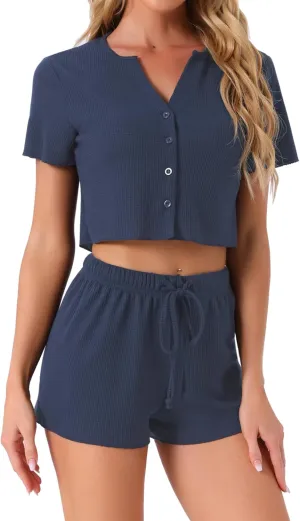 cheibear Womens Crop Tops with Shorts Outfits Waffle Knit Button Down Pajamas Short Sleeve Summer 2 Piece Lounge Sets