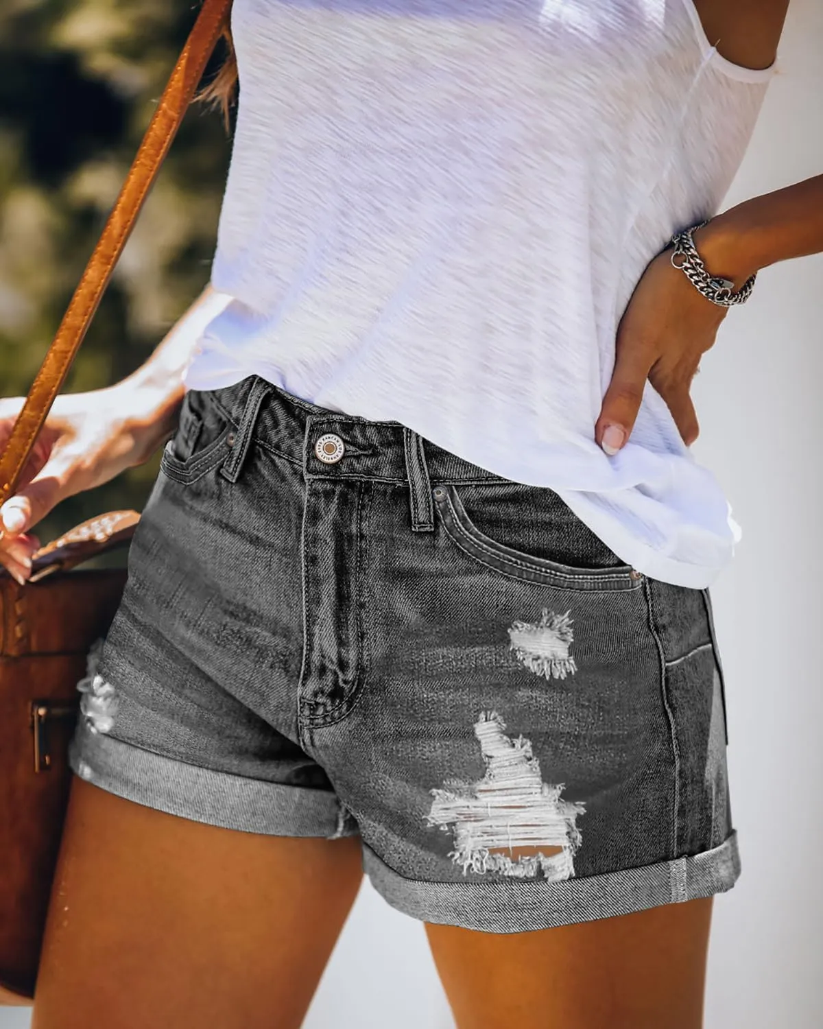 CHICZONE Womens Mid-High Rise Ripped Jean Shorts Distressed Stretchy Denim Shorts