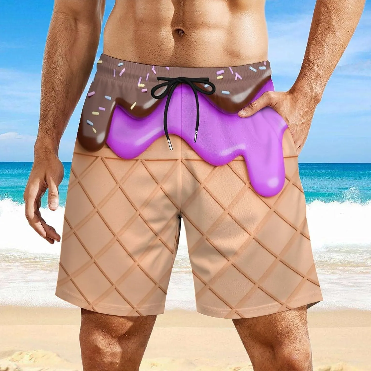 Chocolate Ice Cream Melted on Waffle Beach Shorts for Men Swim Trunks with Compression Liner Quick Dry 4 Pockets