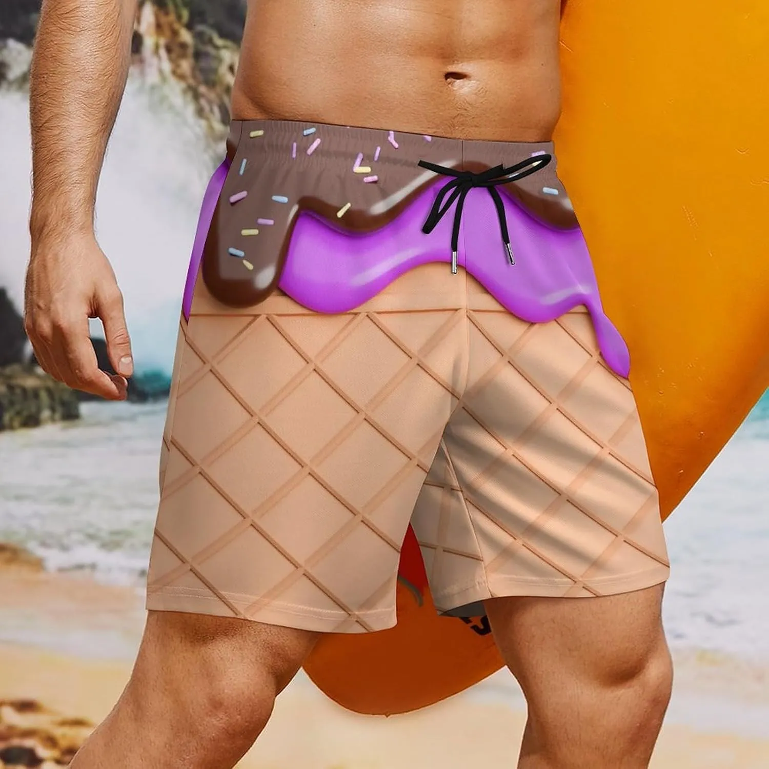 Chocolate Ice Cream Melted on Waffle Beach Shorts for Men Swim Trunks with Compression Liner Quick Dry 4 Pockets