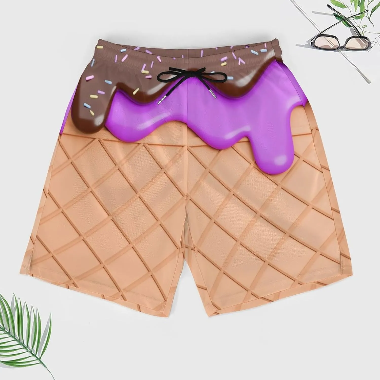 Chocolate Ice Cream Melted on Waffle Beach Shorts for Men Swim Trunks with Compression Liner Quick Dry 4 Pockets