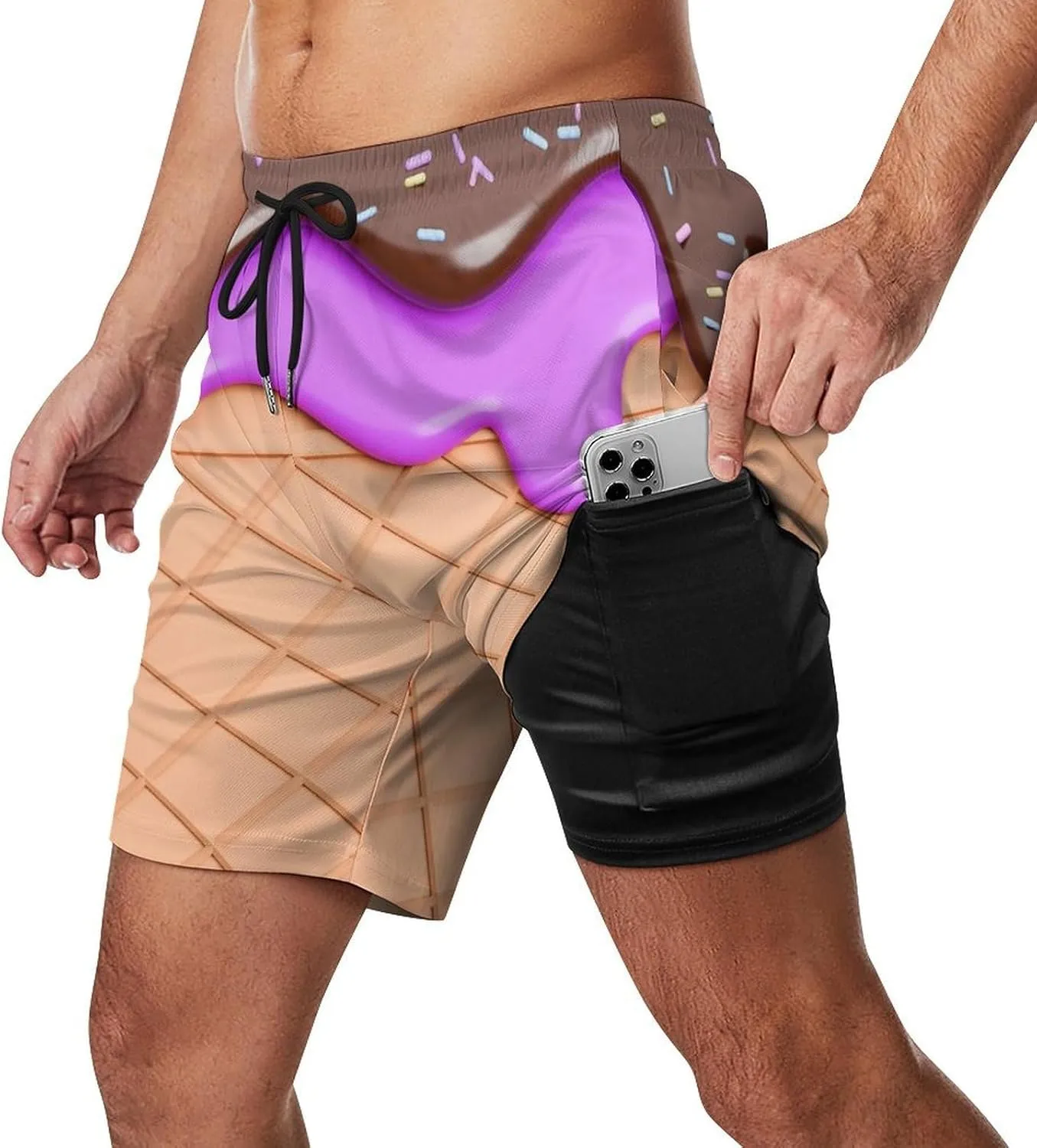 Chocolate Ice Cream Melted on Waffle Beach Shorts for Men Swim Trunks with Compression Liner Quick Dry 4 Pockets
