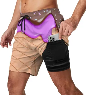Chocolate Ice Cream Melted on Waffle Beach Shorts for Men Swim Trunks with Compression Liner Quick Dry 4 Pockets