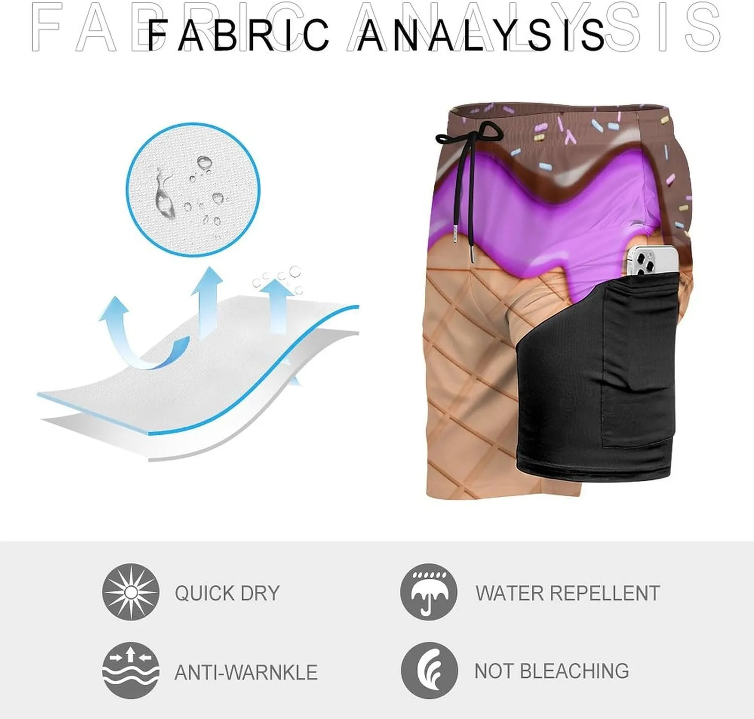 Chocolate Ice Cream Melted on Waffle Beach Shorts for Men Swim Trunks with Compression Liner Quick Dry 4 Pockets