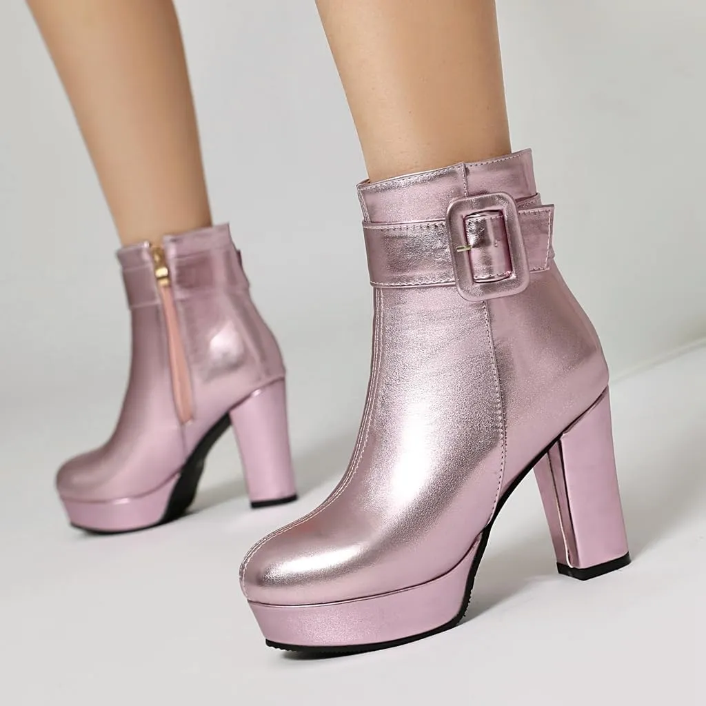 Chunky Platform High Heel Ankle Boots For Womens Round Toe Buckle Zipper Winter Dressy Short Bootie