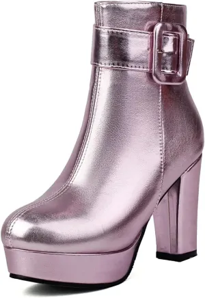Chunky Platform High Heel Ankle Boots For Womens Round Toe Buckle Zipper Winter Dressy Short Bootie
