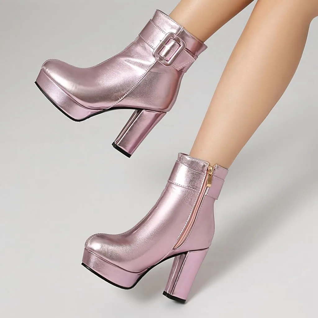 Chunky Platform High Heel Ankle Boots For Womens Round Toe Buckle Zipper Winter Dressy Short Bootie