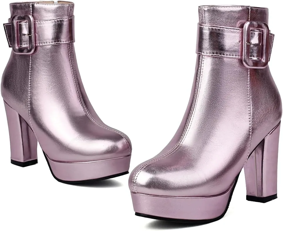 Chunky Platform High Heel Ankle Boots For Womens Round Toe Buckle Zipper Winter Dressy Short Bootie