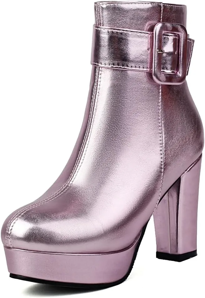 Chunky Platform High Heel Ankle Boots For Womens Round Toe Buckle Zipper Winter Dressy Short Bootie