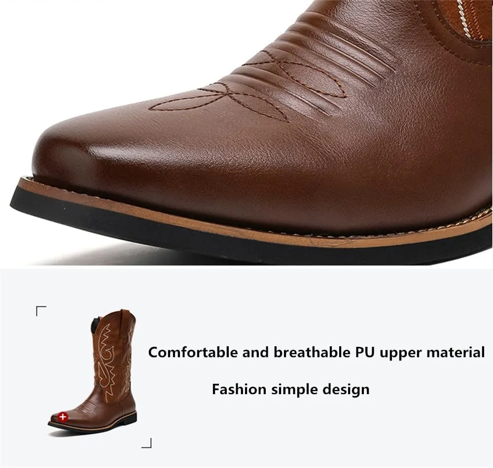 CHUUMEE Cowboy Boots for Men Square Toe Fashion Work Boots Embroidered Leather Western Boots Traditional Country Boot for Male