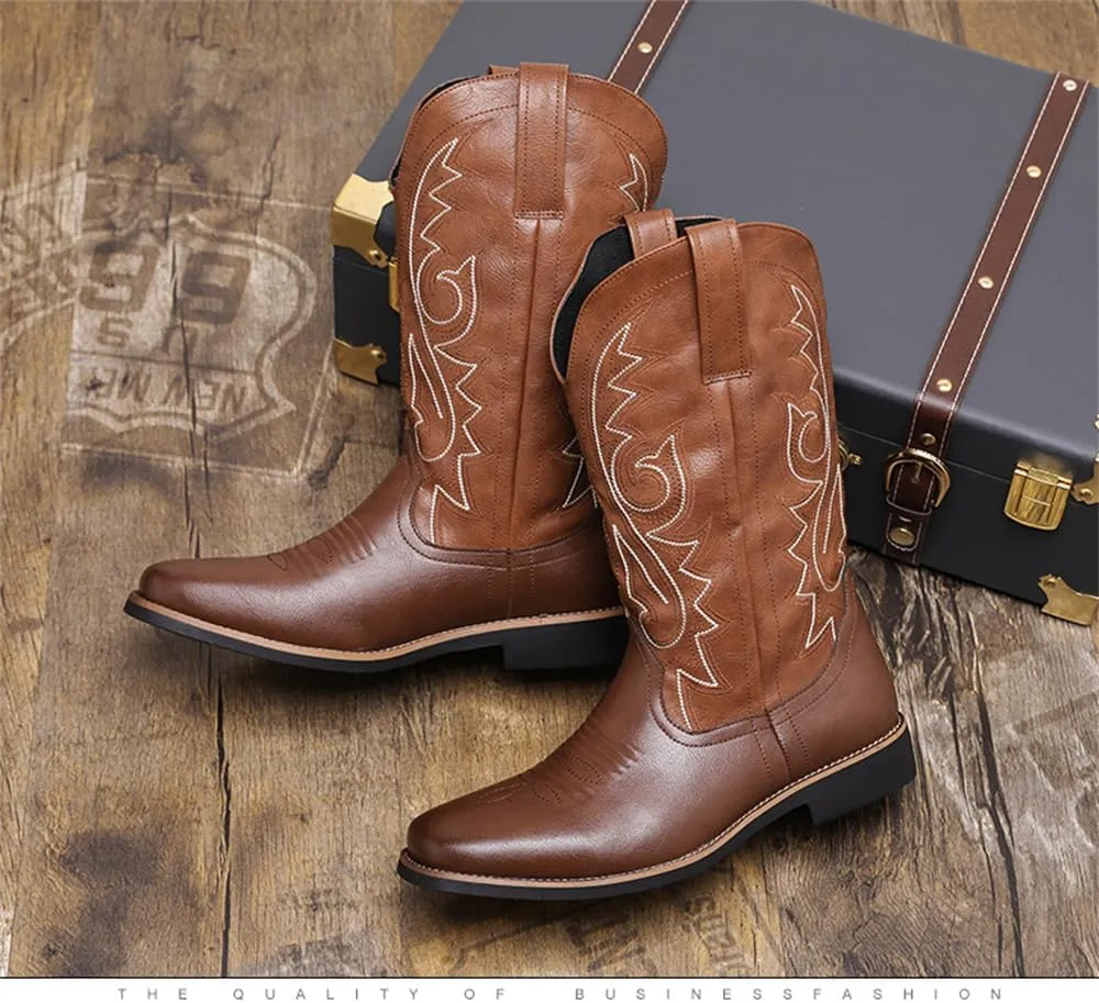 CHUUMEE Cowboy Boots for Men Square Toe Fashion Work Boots Embroidered Leather Western Boots Traditional Country Boot for Male