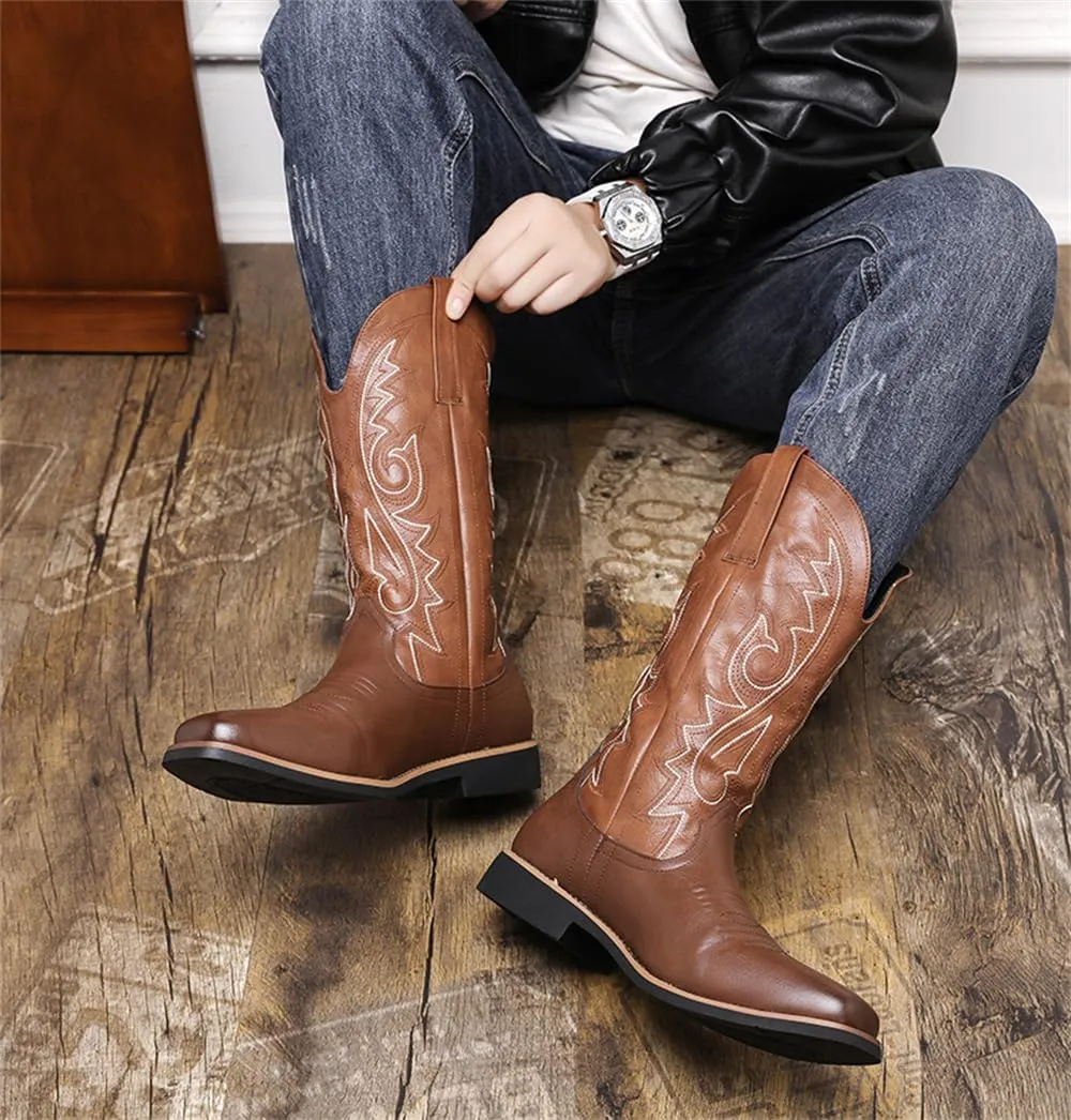 CHUUMEE Cowboy Boots for Men Square Toe Fashion Work Boots Embroidered Leather Western Boots Traditional Country Boot for Male