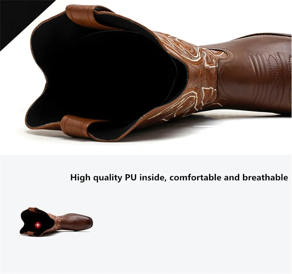 CHUUMEE Cowboy Boots for Men Square Toe Fashion Work Boots Embroidered Leather Western Boots Traditional Country Boot for Male