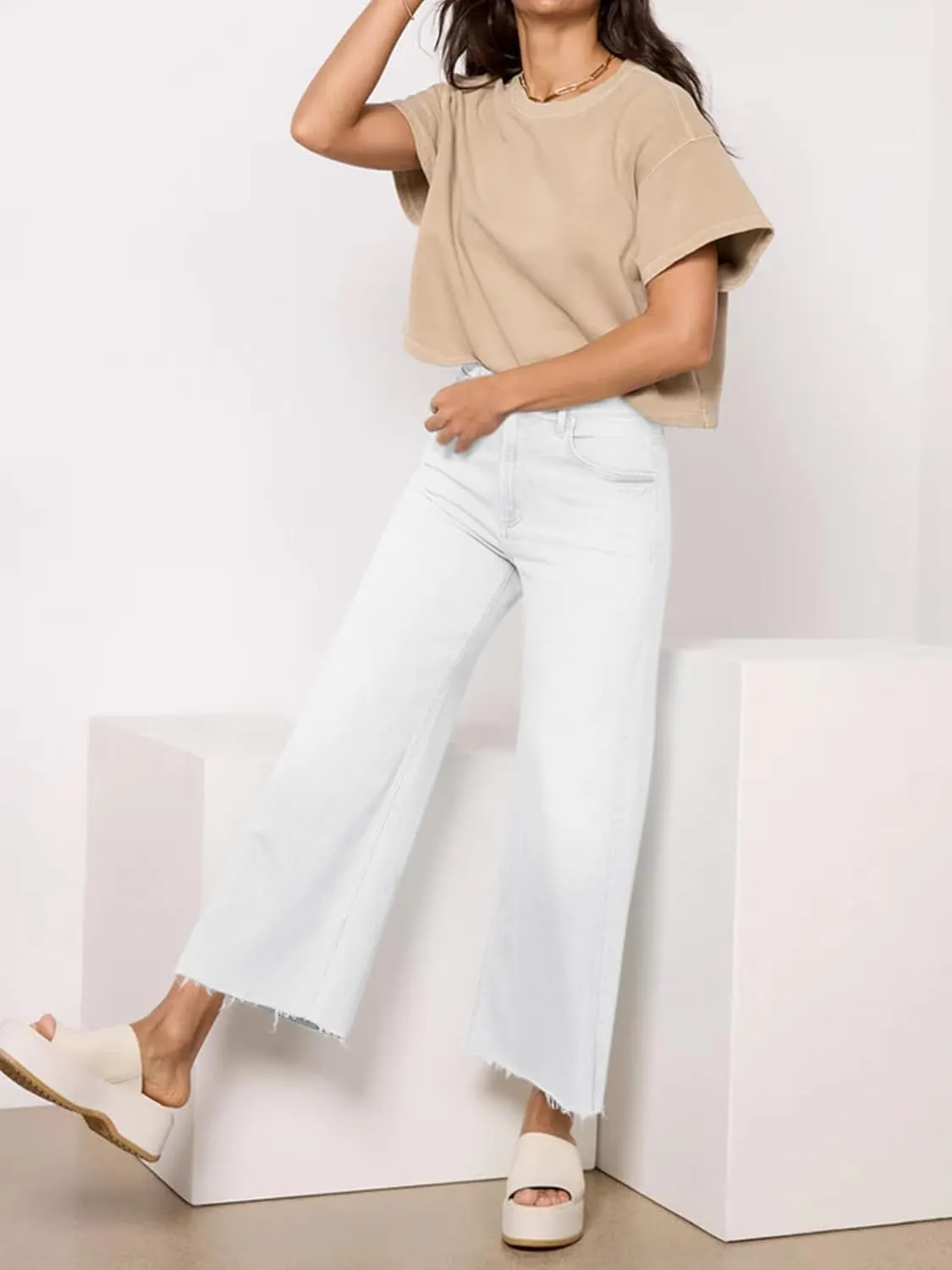 Cicy Bell Womens Cropped Wide Leg Jeans High Waisted Stretchy Flare Jeans Boyfriend Baggy Ankle Denim Pants with Pockets